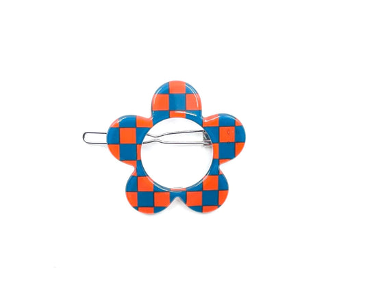 Boston Hairclip - Orange tealy blue check